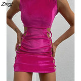 Suede Hollow Out Lace-up Tank Wrap Skirt Women Half Turtleneck Mini Dress Sleeveless Sexy Slim Bodycon Party