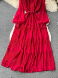 Women Draped Long Dress Vintage V-Neck Lantern Sleeve High Waist A-Line Pleated Maxi Vestidos Purple/Red/Blue Robe
