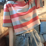 Sleeve T-shirts Women Rainbow Colors Stripped Fashion Summer Student Sweet Girls Clothes Leisure Breathable Ins