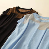 O-neck Short Sleeve Knitted Tops Patchwork Ice Silk Blusas Women Pullover Fashion Thin Blouse Mujer De Moda 2023