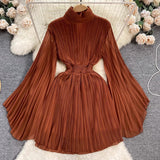 Zingj Of Pleated Horn Sleeve High Collar Dress Female Spring And Summer French Light Luxury Minority Design Sense Of Waist Chiffon