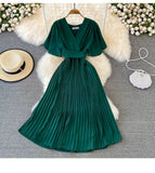 New V-Neck Short-Sleeved Dress Over Knee-Repaired Lady's Waist Tie Mid-Slap