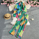 Zingj Suit Women's Casual Loose Long Sleeve Single-Breasted Shirt Two-Piece High Waist Slim Tie-Dye Print Wide-Leg
