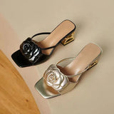 Word Drag Flower Decoration Coarse And Cool Slippers Women's Summer Fashion Tadge Height And Korean Version Of The Square Head Women's
