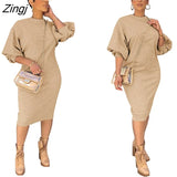 Bohemian O Neck Puff Sleeve Pleated Sundress Women Sexy Casual Solid Dress Party Fashion Vintage