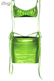 Women New Y2K Beach Style Green Color Blocking Printed Bikini Sets Asymmetrical Halter Strapless Tops&Shirring Skirt