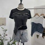 Shooting Denim Splicing Mesh Yarn Short-Sleeved T-Shirt Summer Dress Irregularly Short High-Waist Repair Body Coat