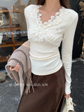 Xixi 2025 Autumn White Label New Temperament Flower V-Neck Wool Bottom Shirt 100 Top Women