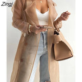 Women Fashion See Through Outdoor Tops Lace Up Spring Solid Sheer Mesh Long Sleeve Buttoned Coat With Belt Elegant