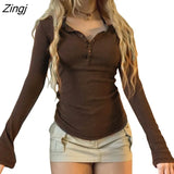 Women's Spring Autumn Solid Color Slim Fit Tops Black Long Sleeve Button Down Ribbed Skinny Street