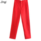 Women Fashion Front Welt Pockets Seam Detail Pants Vintage High Waist Zipper Fly Female Ankle Trousers Mujer