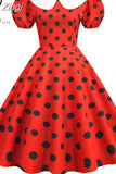 Short Sleeve Polka Dot Vintage Dress Women Summer Peter pan Collar Elegant A-line Midi Long Party Sundress Robe