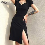 Sleeve Dress Women Summer Knee-lengh Square Collar Solid Black Simple Retro Trendy Sexy Elegant Slim Breathable