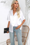 Summer Short Sleeve Shirt Solid Satin Silk Shirt Button Up Blouse Loose Office Ladies Tops Casual Shirts Elegant