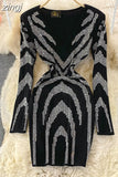 Women Sexy Black Bling Diamonds Bodycon Mini Dress Female Spring Autumn Elegant V-Neck Long Sleeve High Waist Party Vestidos