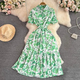Vintage Women Printed Long Dress Elegant Turn-Down Collar Single Breasted Short Sleeve High Waist A-Line Maxi Vestido