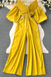 Women V-Neck Wide Leg Ruffle Jumpsuits Female Sexy Puff Short Sleeve High Waist Slim Vacation Beach Romper