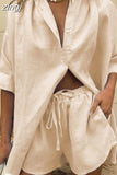 Shirt Women Loose Shorts Set Office Lady Tracksuit Long Sleeve Two Piece Sets 2023 Summer Blouses and Shorts Suit