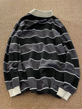 Retro Striped Long-sleeved POLO Shirt Top Men Women Loose Trend Couple BF Lapel Sweatshirt Preppy Hip Hop Cool