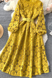 Autumn Women Hook Flower Hollow Party Long Dress Vintage Round Neck Puff Sleeve High Waist A-Line Maxi Vestidos New