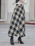 Autumn Lady High-Rise Thin Lattice A-Shaped Skirt Party Casual Loose Swing Umbrella