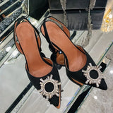 New Silk Sunflower Crystal Diamond Buckle High Heels Horseshoe Heel Women's