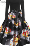Women Christmas Long Sleeve Print Elegant Vintage Knee-length Party Dress Robe Autumn Winter Casual Xmas