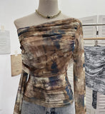 Vintage Tie-Dye-Print Mesh Folded Long-Sleeved T-Shirt With A Word-Collar Slanted Shoulder-To-Back Short Top