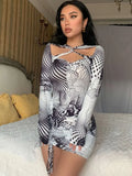 Women Criss Cross Cutout Mini Dress Aesthetic Printed Long Sleeve Bodycon Ruched Short Dress Sexy Drawstring Club