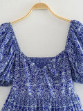 Women's Blue Print Short-Sleeved Dress