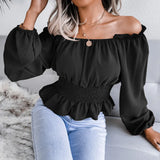 Wind Shooting Autumn And Winter New Sexy Word Collar Under The Shoulder Hem To The Leaves Of The Chiffon Shirt Women's