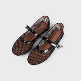 Hollow Ballet Shoes Female Flat Bottom Buckle Metal Mesh Mary Jane Shoes Women's Niche Design Single