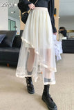Elegant Mesh Patchwork Women Tulle Skirt Fashion Korean A Line Cake Skirt Female Sweet Preppy Style Irregular Midi