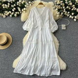 Retro Court Style Dress Women's Summer New High-End Temperament Splicing Lace Embroidered Long-Sleeved