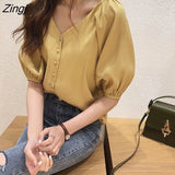 Women Summer Chiffon M-4XL V-neck Single-breasted Elegant Lantern Sleeve Leisure Korean Style Loose All-match Newest