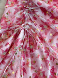 Vintage Women Pink Floral Printed Mermaid Bodycon Dress Female Elegant V-Neck Short Sleeve Draw String Vestidos