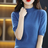 Zingj And Summer Loose And Versatile Wool Knit Short Sleeve Women Plus-Size Round-Neck Solid Color Bottom Knit T-Shirt Thin-Outfit