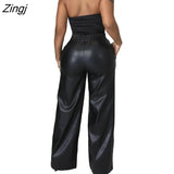 Womens PU Faux Leather Straight Pants High Waist Female Loose Wide Leg Trousers Pocket Fashion Vintage Leisure