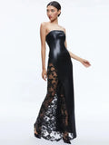 INS Solid Color PU Leather Fashion Temperament Body-Meared Lace Explosion Sexy Mid-Long Dress Dress