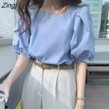 Women Ulzzang Fashion Simple Solid Basic Office Folds Elegant Puff Sleeve Square Collar Streetwear Retro Baggy