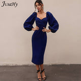 Elegant Pure Color Latern Sleeves Bodycon Dress for Women Party Clubwear Formal Midi dresses Mujer Casual Streetwear