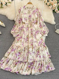 Vintage Floral Chiffon Long Dress Elegant O-Neck Puff Sleeve High Waist A-Line Ruffle Hem Vacation Beach Maxi