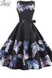 Butterfly Print Women Summer Midi Dress Sleeveless Vintage Retro Pin Up Party Robe Rockabilly