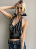 Wind Street Personality Hottie Striped Small Vest Three-Grained U-Neck Hanging Neck Knitting Top Casual Women's