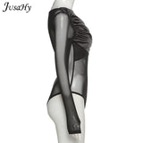 Fashion Mesh Fake Two-piece Bodysuits For Women 2023 Black See Through Long Sleeve Romper Club Party Wear
