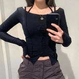 Purple Top Women Long Sleeve Top Shirts 2020 Hollow Out Slit Hem Autumn Streetwear Slim Cotton Ladies Casual