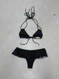 Girl Small Wave Dot Lotaf Side Bikini Set With Hanging Neck Irregularly Naked Beach