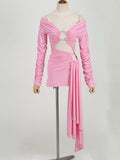 New Women's Sexy Hollow Word Collar Shoulder Long Sleeve Dress Irregular Ribbon Dress Dress