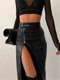 Black PU Leather High Waist Skirts Vintage Grunge Women Streetwear Zip Up High Split Bodycon Midi Skirts with