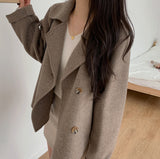 Zingj Chic Winter Retro Lapel Double Breasted Woolen Coat Versatile Loose Long Sleeve Short Woolen Coat